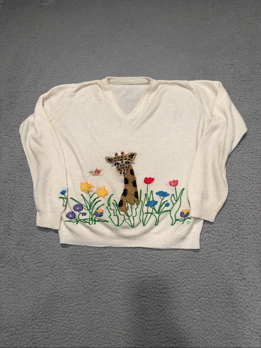 Vintage Needle Punch Giraffe Sweater, Cyn Les Shirlee, Flowers, Medium